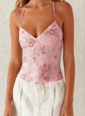 Mesh  Print Low-cut Halter Tank Top