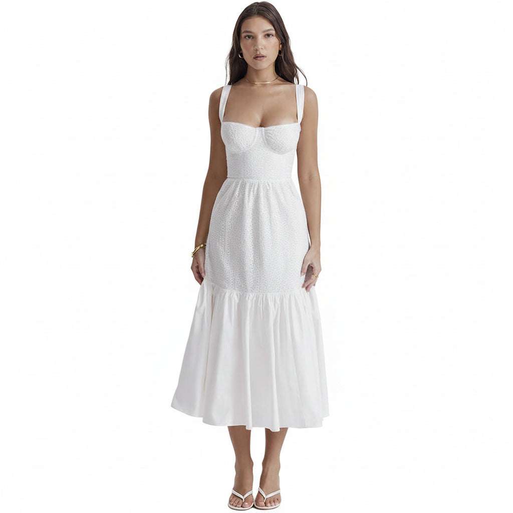 Cotton Linen Jacquard Mid-Length White Dress for Women