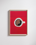 Framed artwork of a coffee cup on a red background