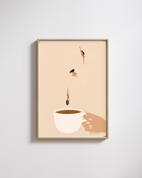 Framed artwork of a coffee cup with hands and droplets on a beige background