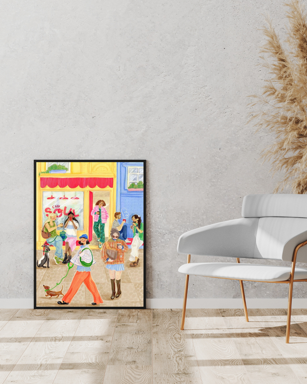 Framed Street Scene Wall Art – People Walking Past Storefront 12 x 18