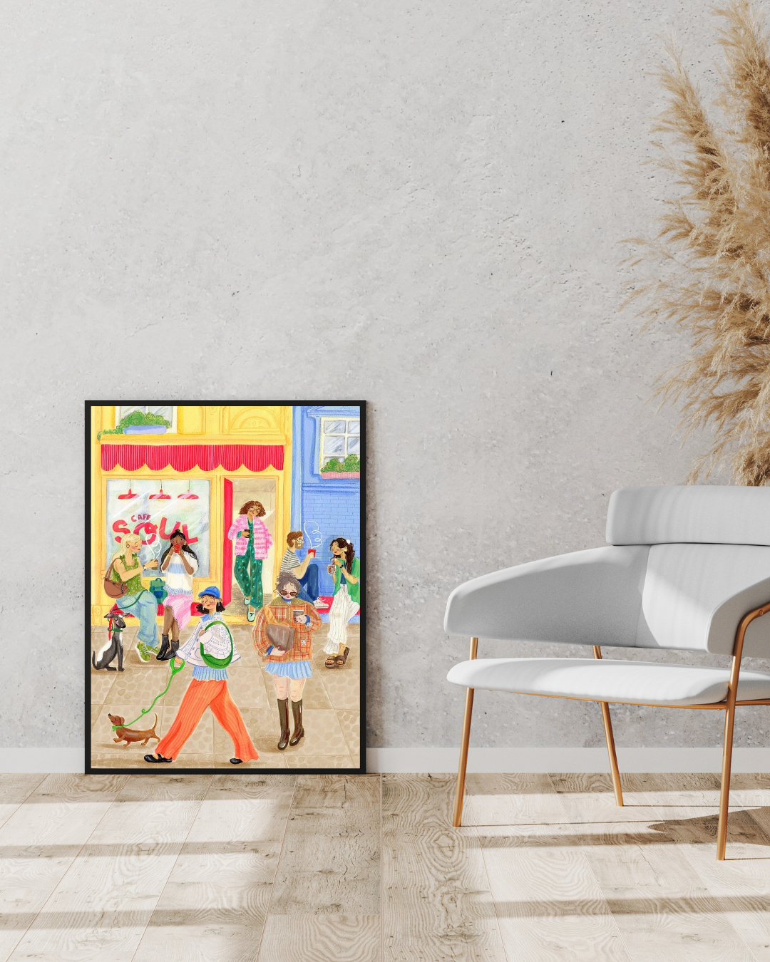 Framed Street Scene Wall Art – People Walking Past Storefront 12 x 18