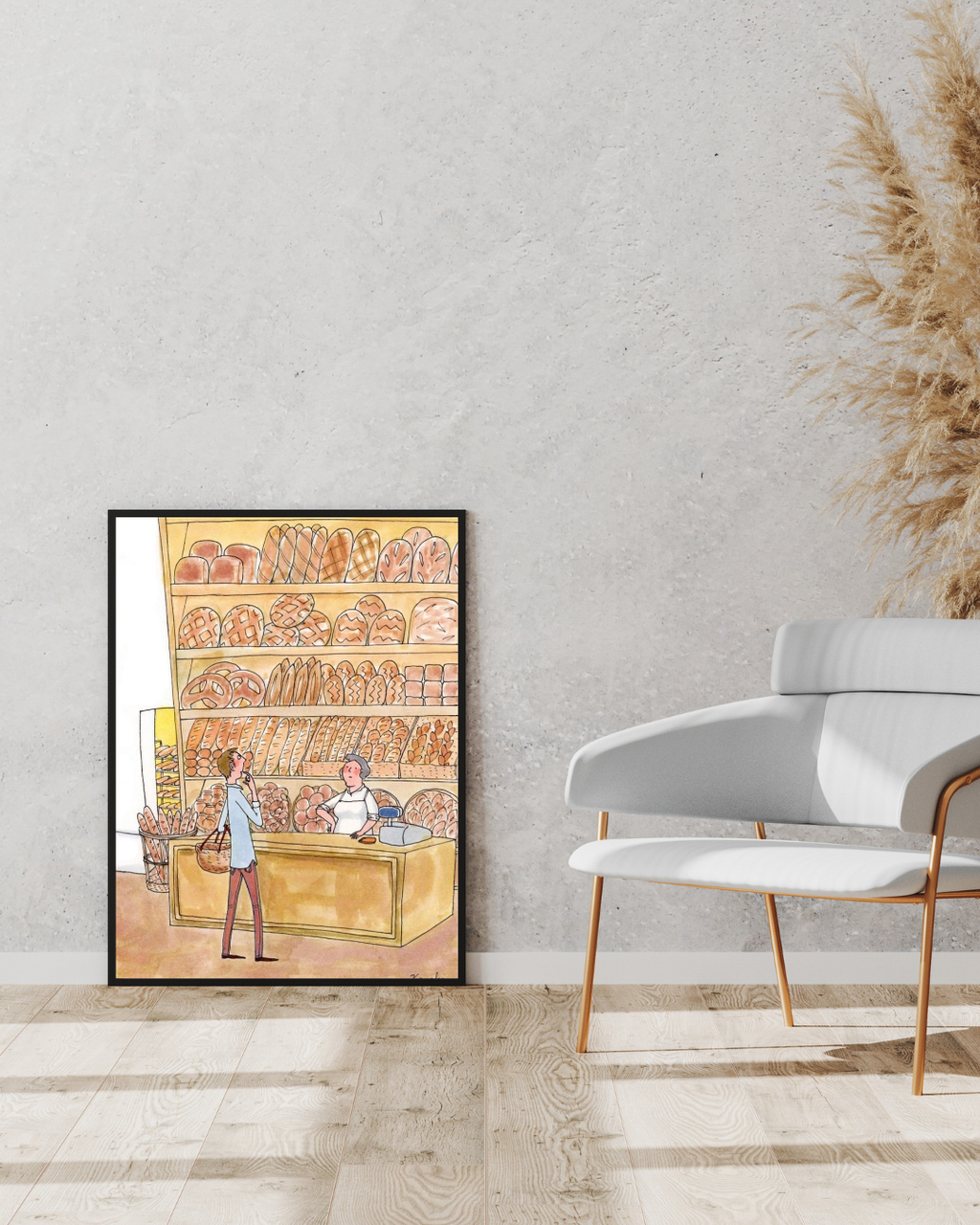Framed Bakery Scene Wall Art – Illustrated Bread Shop Interior with People 12  x 18
