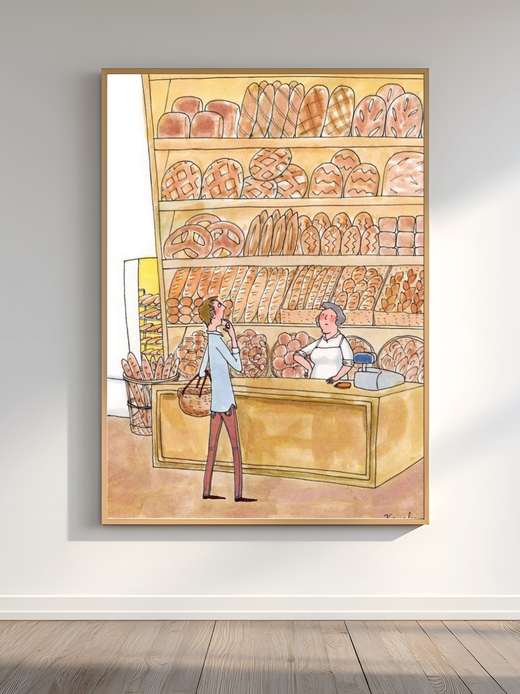 Illustration of a bakery scene with shelves of bread and two people, framed on a wall.