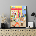 Framed artwork of people on a street with a store front, displayed on a wall above a decorative shelf.