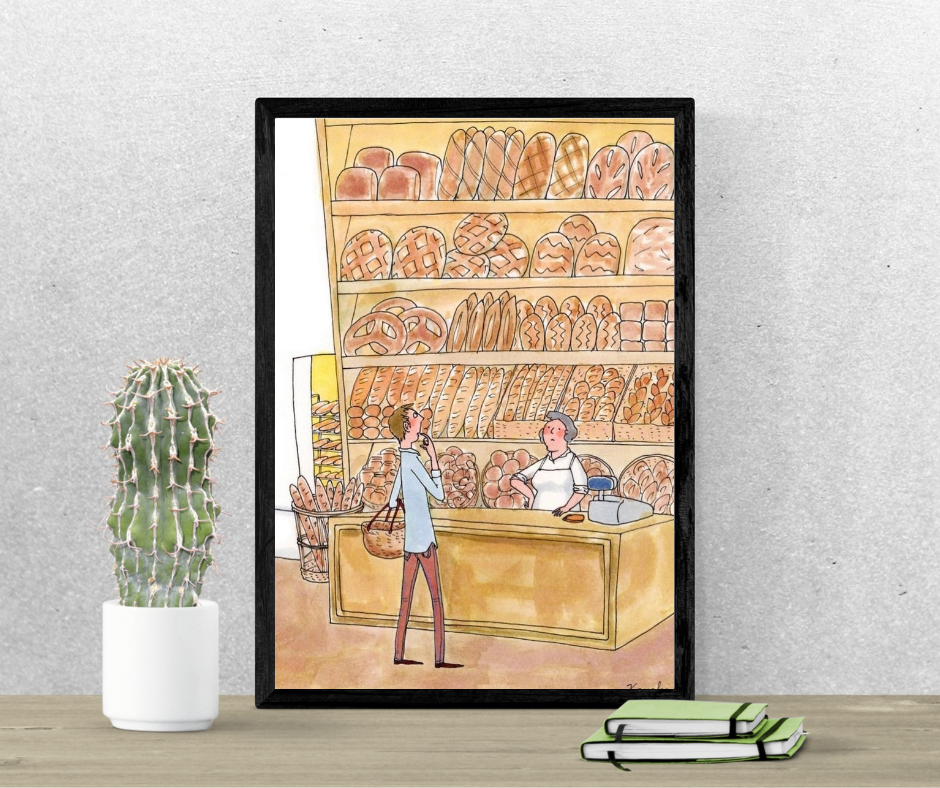 Framed Bakery Scene Wall Art – Illustrated Bread Shop Interior with People 12  x 18