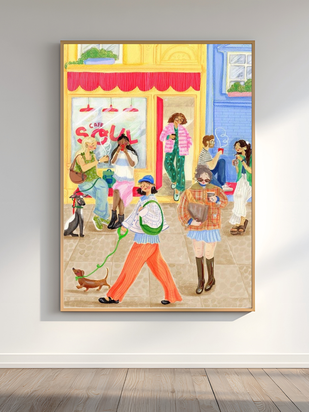 Framed Street Scene Wall Art – People Walking Past Storefront 12 x 18