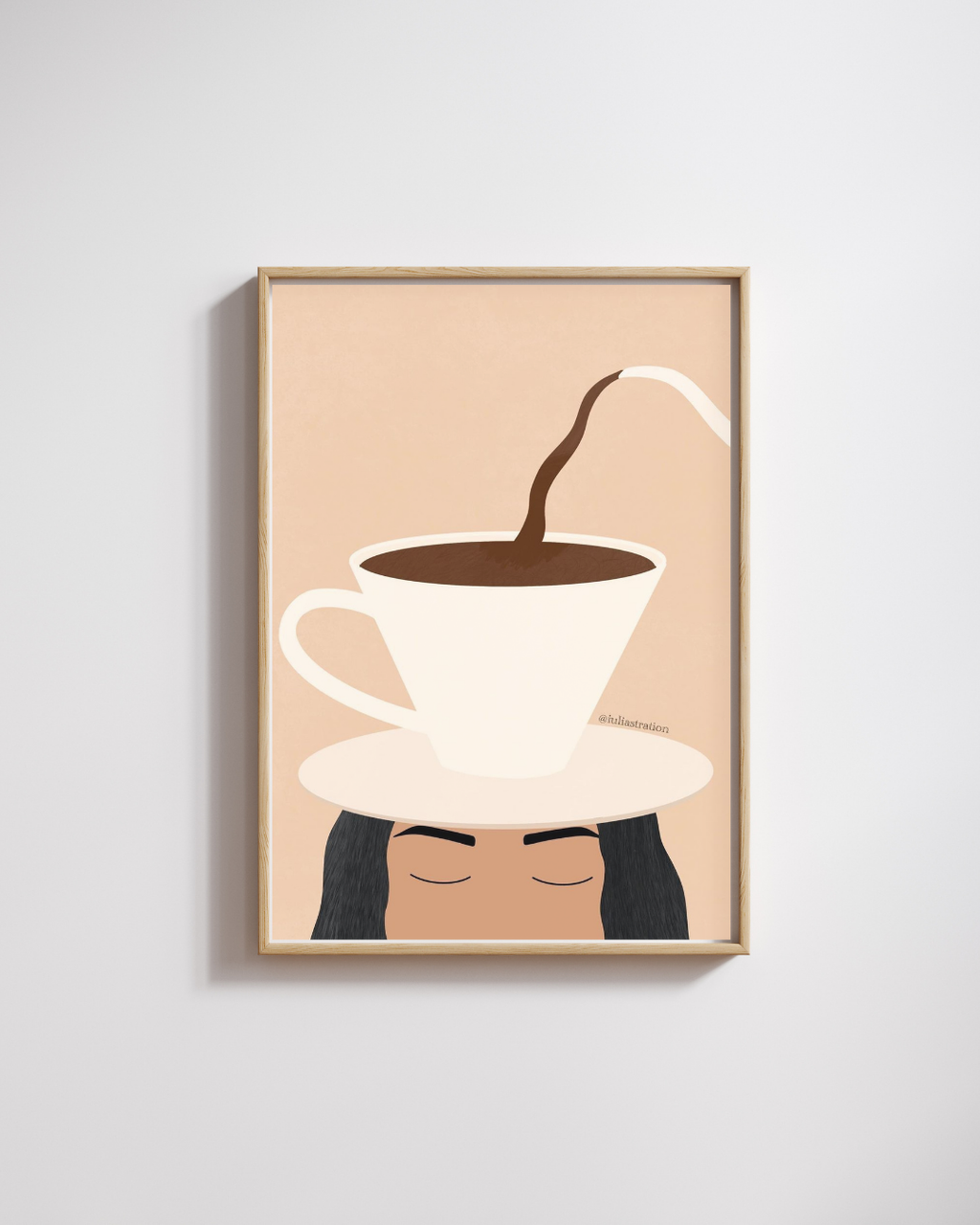 Framed artwork of a coffee cup being poured into a face on a beige background