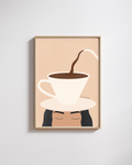 Framed artwork of a coffee cup being poured into a face on a beige background