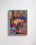 Framed artwork of a group of people on a white wall