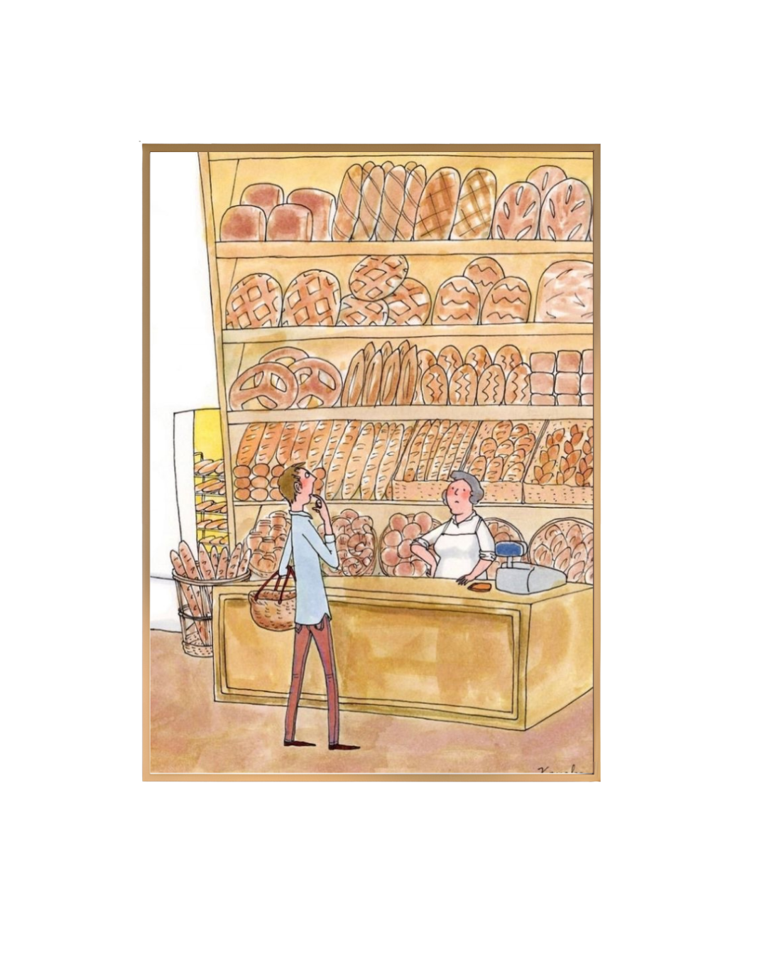 Framed Bakery Scene Wall Art – Illustrated Bread Shop Interior with People 12  x 18